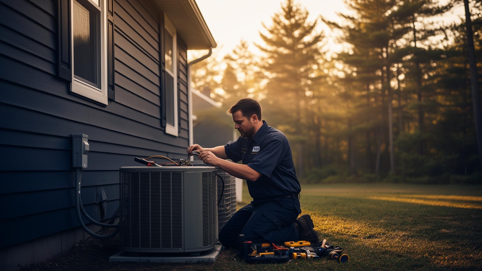 Mission Mechanical technician servicing a home air conditioner outside a Bear Lake, Michigan house at sunset